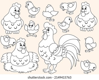 Farm poultry, hen, rooster and chicks in different poses. Isolated animals for stickers. Children coloring book.