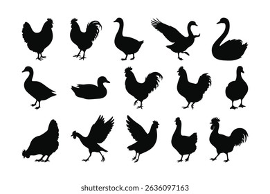 Farm Poultry Silhouette Collection with Chickens Ducks Geese