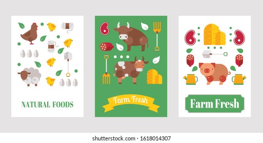 Farm product banner, vector illustration. Set of flat style cards with farm animals and natural organic food from local farmers. Cow, sheep, pig and chicken. Fresh meat, healthy food, banner template