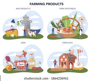 Farm product concept set. Farming food production. Village groceries. Summer countryside view, agriculture concept. Isolated flat illustration