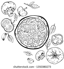 Farm product in decorative retro sketch style, hand drawn  set pizza vegetarian  preparation design template. Vector illustration.