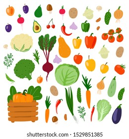 Producto de granja. Frutas y verduras. Cosecha del otoño. Fondo aislado del vector. Dibujo plano de caricatura. Mercado de agricultores.