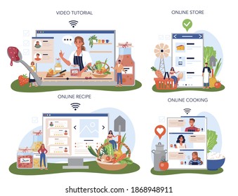Farm product online service or platform set. Farming food production. Village groceries. Online cooking, store, recipe, video tutorial. Isolated flat illustration