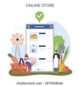 Farm product online service or platform. Farming food production. Village groceries. Online store. Isolated flat illustration