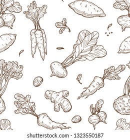 Farm product root food sketch seamless pattern celery and carrot vector potato and turnip ginger and carrot swede and radish inside endless texture agriculture and farming monochrome wallpaper