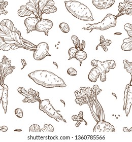 Farm product root food sketch seamless pattern celery and carrot vector potato and turnip ginger and carrot swede and radish inside endless texture agriculture and farming monochrome wallpaper.