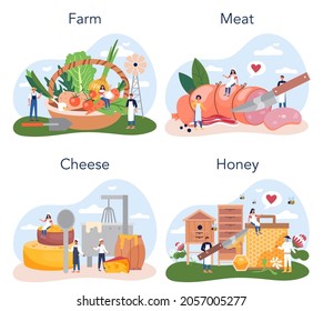 Farm product set. Farming food production. Village groceries. Agriculture production. Meat, cheese and honey. Isolated flat illustration