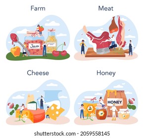 Conjunto de productos agrícolas. Producción agrícola de alimentos. Comestibles de la aldea. Producción agrícola. Carne, queso y miel. Ilustración plana aislada