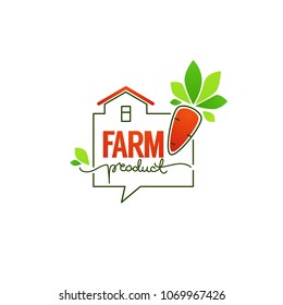 Farm Product simple logo template emblems and symbols, lettering composition with line art image of funny carrot , farm building and green leaves