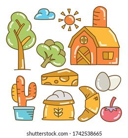 producto de granja y elementos vectoriales color tema de línea de doodle