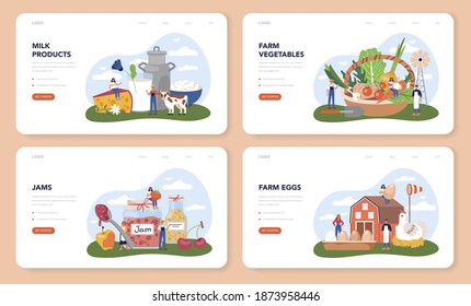 Farm Product Web Banner Or Landing Page Set. Farming Food Production. Village Groceries. Summer Countryside View, Agriculture Concept. Isolated Flat Illustration