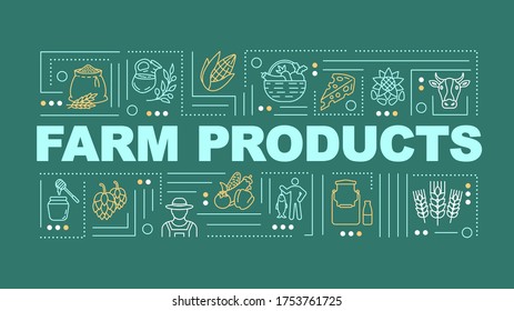 Farm product word concepts banner. Dairy and wheat, natural food. Infographics with linear icons on yellow green background. Isolated typography. Vector outline RGB color illustration