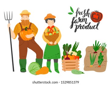 Farm product. Farm workers and vegetables. Man and woman hold harvested farm vegetables and fruits in basket. Local products. Autumn harvest. Vector background. Flat cartoon illustration.