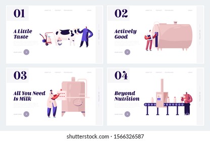 Farm Production Department, Milk Industry Website Landing Page. People on Plant Producing Milky Food with Machine Assistance. Dairy Factory Manufacture Web Page Banner. Flat Vector Illustration