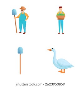 Farm production icons set cartoon vector. Farmer produce food product. Poultry farming, agriculture