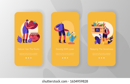 Farm Production Mobile App Page Onboard Screen Set. Farmers Offer Organic Natural Local Fruit and Vegetable Products. Ecological Food Concept for Website or Web Page. Cartoon Flat Vector Illustration