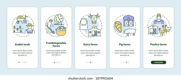 Farm production types onboarding mobile app page screen with concepts. Fruit and Vegetable farms walkthrough 5 steps graphic instructions. UI vector template with RGB color illustrations
