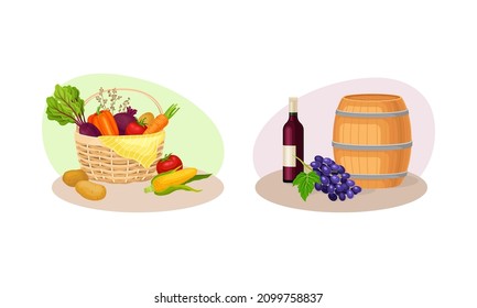 Farm products of agricultural industry set. Basket of ripe fresh organic vegetables and oak barrel of wine cartoon vector illustration