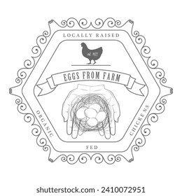 Farm Products Badges With Ornament Vector Illustration. Contains Images of Barn, Farm Truck, Cow, Chicken, Farmer, Eggs, Human Hands, Milk Can, Farm Constructions.. Item 1