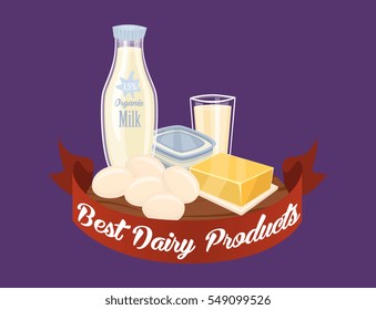 Farm products banner with dairy composition on perpl background, vector illustration. Best dairy concept with butter, eggs, milk, cheese, kefir. Organic farming. Natural and healthy food.