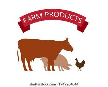 Farm products beef pork and chicken vector illustration in flat style.