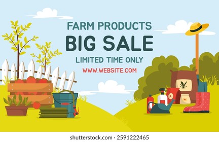 Farm products big sale promotion. Web banner with gardening tools, fertilizer bags, potted plants, watering cans, boots and wooden crates. Concept of organic garden food market. Vector illustration.