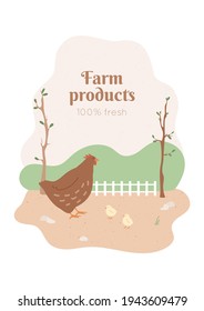 Farm products branding concept with poultry. Chicken with nestling walks on land field. Corral for livestock. Trees on an abstract background, hills, fence. Textured shapes and text, vector