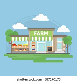 Farm products building with landscape. Storefrot with vegetables and fruits.