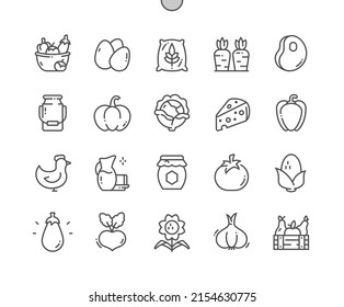 Farm products. Carrot, cheese, tomato and other. Food shop, supermarket. Menu for restaurant and cafe. Pixel Perfect Vector Thin Line Icons. Simple Minimal Pictogram