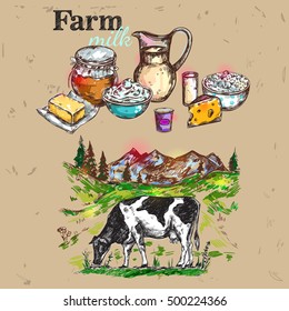 Farm products colored drawn composition with landscapes cows pasture and dairy products vector illustration