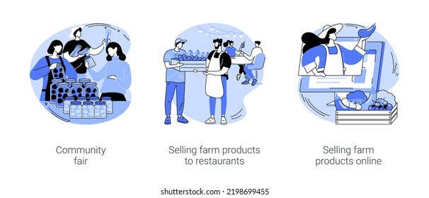 Farm products distribution isolated cartoon vector illustrations set. Diverse people choose vegetables at community fair, selling fresh produce to restaurant, buy organic food online vector cartoon.