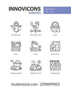 Farm products and eco life - line design style icons set. Scarecrow, weather vane, egg basket, well, irrigation hose, soil fertilizer, farm truck, borage, honey and honeycomb. Agriculture idea