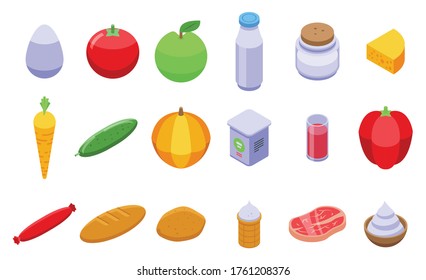 Farm products icons set. Isometric set of farm products vector icons for web design isolated on white background