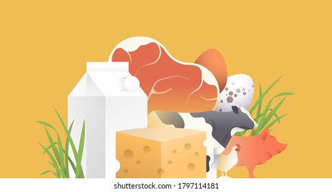 Farm products illustration concept. Agriculture and farming animal product on isolated background for rural business or food production. Includes dairy, meat, cow, pig, hen.