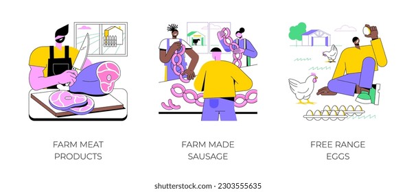 Farm products isolated cartoon vector illustrations set. Farmer cutting fresh meat, homemade sausage, free range eggs, keep chicken, secondary production, agribusiness vector cartoon.