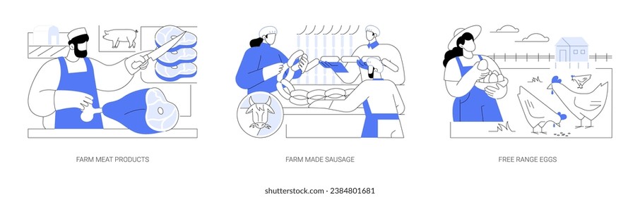 Productos agrícolas aislados ilustraciones vectoriales de dibujos animados conjunto. Los agricultores cortan carne fresca, salchicha casera, huevos de corral, gallina, producción secundaria, caricatura de vectores agroindustriales.