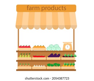 Farm products kiosk. Retail sale of own local vegetables and fruits, concept. Market pavilion with organic food, vector illustration, flat style.