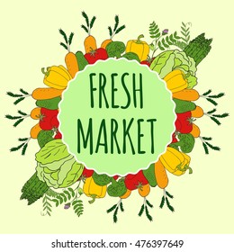 Farm products label. Vegan product labels. Vegetable frame. Harvest festival. Concept for market, menu, packaging.