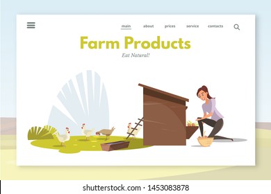 Farm products landing page layout. Woman feeding chickens flat vector illustration. Poultry farm worker supplying hennery with food cartoon character. Organic eggs, meat production