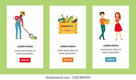 Farm Products Live Circle Concept Banners Set. Vegetables Are Collected By Farmer And Gathered Into Wooden Box Delivered By Delivery Man To A Woman. Vector Illustration