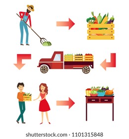 Farm Products Live Circle Concept Set. Vegetables Are Collected By Farmer And Gathered Into Wooden Box, Transported By Farmer Truck, Delivered By Delivery Man To A Woman And Served To Table. Vector