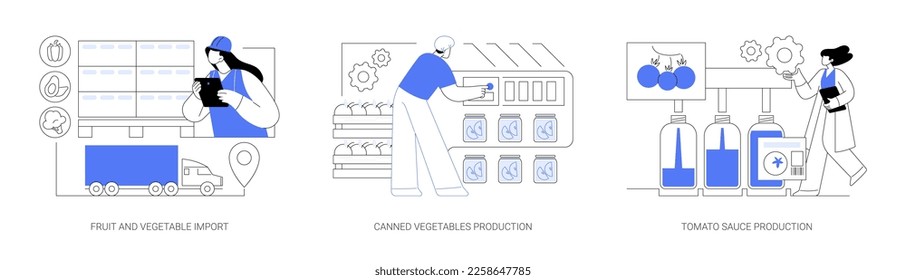 Productos agrícolas procesando el conjunto de ilustraciones vectoriales conceptuales abstractas. Importación de frutas y verduras, producción de verduras enlatadas, salsa de tomate y ketchup producción metáfora abstracta.