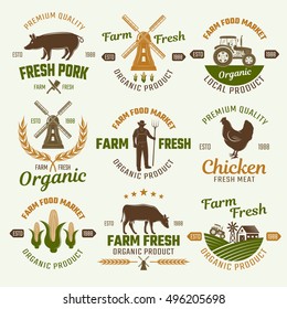 Farm products retro style emblems with mill and tractor animals and grains rural landscape isolated vector illustration 