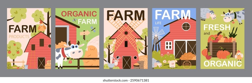 Farm products typography template posters. Vertical covers with cute ranch cows, sheeps, goats, pigs, red barn, organic gardening, other. Modern banners set in minimalism design. Vector illustration.