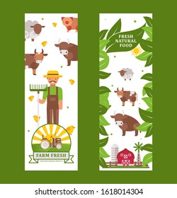 Farm products vertical banner, vector illustration. Fresh natural organic food from local farmers. Healthy products banner template, farm kettle animals in flat style, green leaves and tractor emblem
