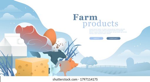 Farm products web template illustration. Agriculture and farming animal product concept for rural business or food production. Includes dairy, cow, pig, hen, country landscape.