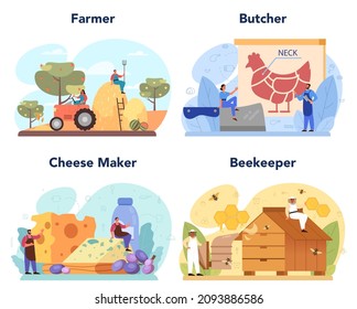 Farm profession set. Farming food production. Village groceries. Agriculture production. Meat, cheese and honey. Isolated flat illustration