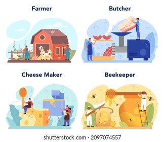 Farm profession set. Farming food production. Village groceries. Agriculture production. Meat, cheese and honey. Isolated flat illustration
