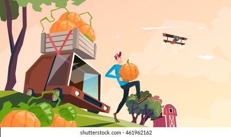 Farm Pumpkin Harvest Transportation Lorry Carrying Vegetables Flat Vector Illustration