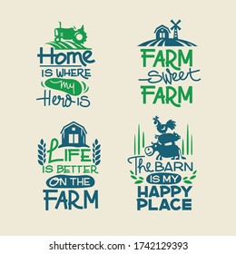 Farm quotes set with hand writing and animals, barn, pickup,tractor and vegetables background